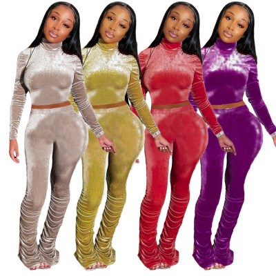 Casual Velvet High Collar Long Sleeves Mini Top With Stack Trousers Two Piece Sets SMR9886