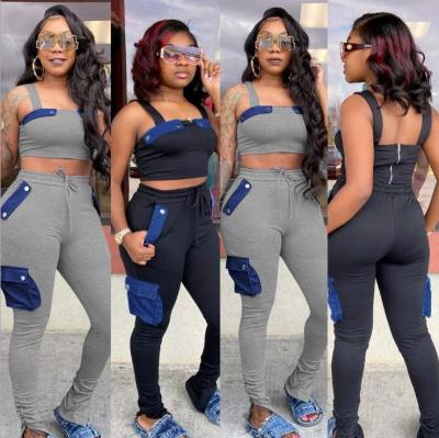 Strap stitching denim sports and leisure two suits LM1086