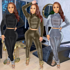Fashion Velvet High Collar Long Sleeves Mini Top With Trousers Two Pieces Sets TK6143