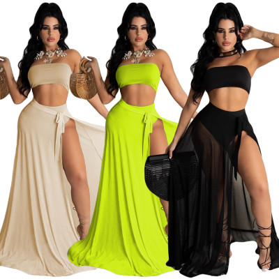 Three-piece solid color swimsuit Korean net see-through skirt tube top briefs set YY5263