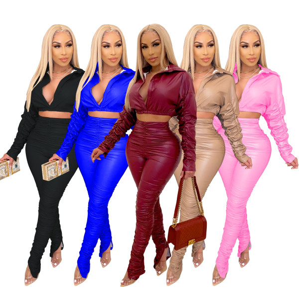 Fashion Leather V-Neck Long Sleeves Cropped Top With Stack Trousers Two Piece Sets BS1243