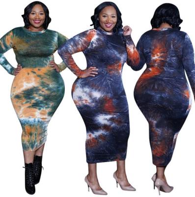 Fashion Tie Dye Printed Round Neck Long Sleeves Plus Size Midi Skinny Dress OSS20975