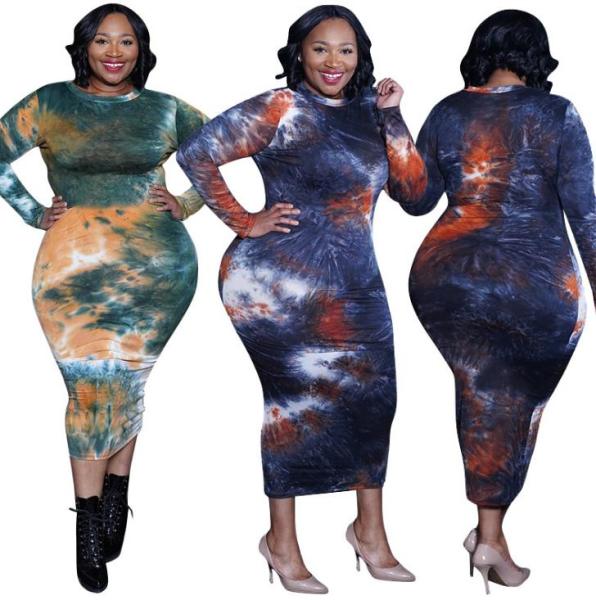 Fashion Tie Dye Printed Round Neck Long Sleeves Plus Size Midi Skinny Dress OSS20975