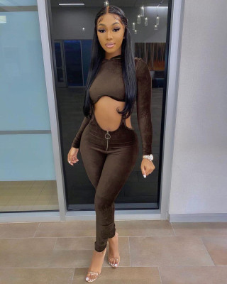 Sexy Velvet Long Sleeves Hooded Cropped Top With Trousers Two Piece Sets DN8564