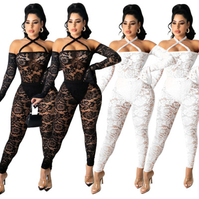Spring and summer perspective sexy lace tie jumpsuit Q21S801