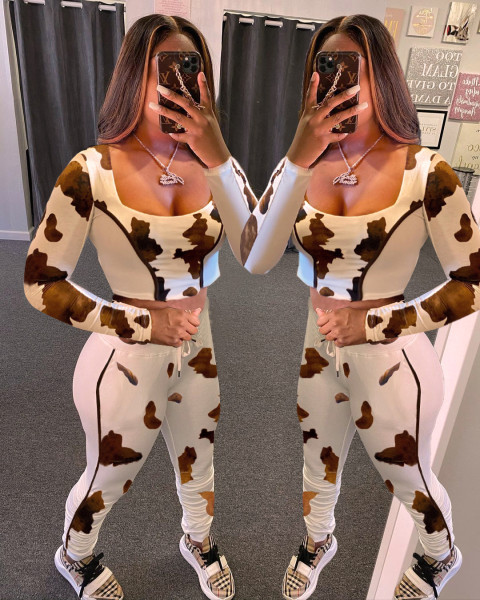 Personalized printing stitching casual two-piece suit LY614