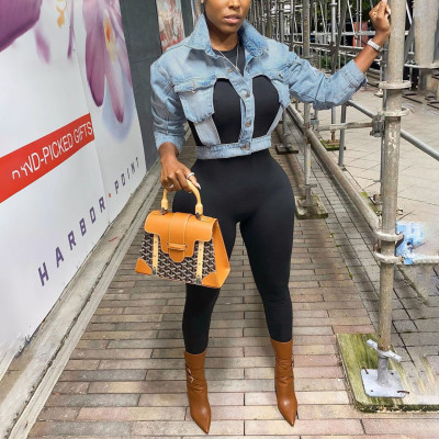 Sexy Solid Color Long Sleeves Hollow Out Mini Denim Jacket SN390016