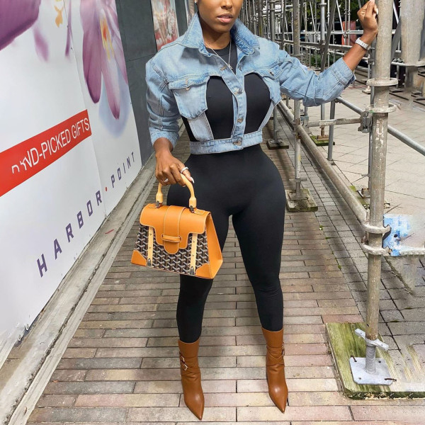 Sexy Solid Color Long Sleeves Hollow Out Mini Denim Jacket SN390016