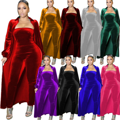 Fashion Velvet Off Shoulder Skinny Jumpsuit With Long Coat Two Pieces Sets R6390