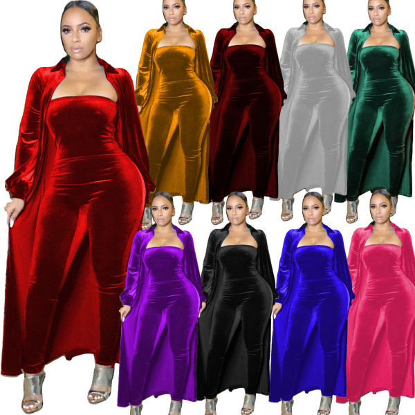 Fashion Velvet Off Shoulder Skinny Jumpsuit With Long Coat Two Pieces Sets R6390
