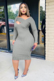 Sexy Solid Color V-Neck Long Sleeves Skinny Midi Dress KA7141