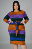 Plus Size Contrast Stitching Round neck Long Sleeves Split Midi Dress  QJ5275