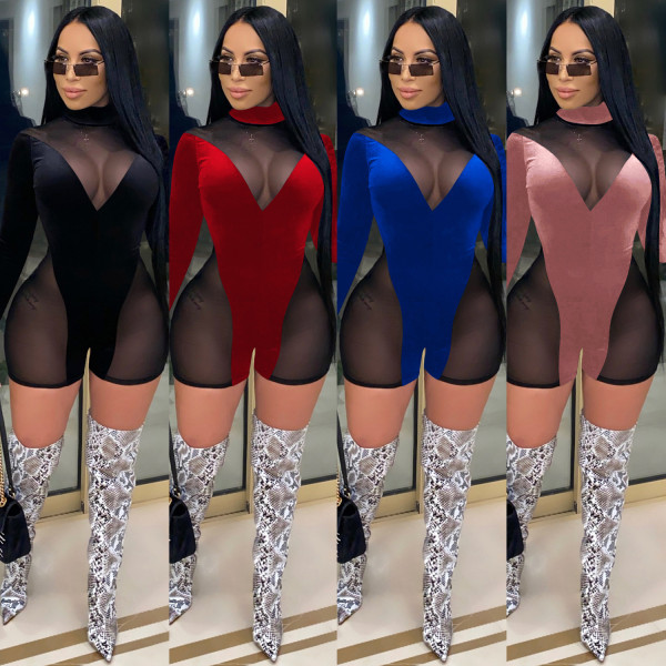 Sexy Mesh Velvet Stitching High Collar Long Sleeves Short Jumpsuit XZ3743