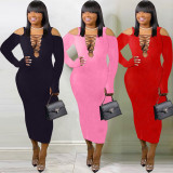 Sexy Strapless V-Neck Long Sleeves Skinny Midi Dress YZL810