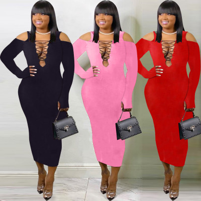Sexy Strapless V-Neck Long Sleeves Skinny Midi Dress YZL810
