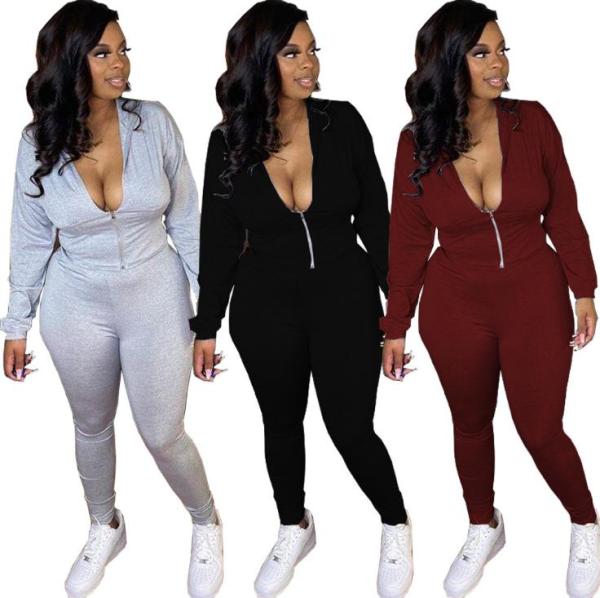 Sexy Solid Color Zipper Deep V-Neck Long Sleeves Top With Trousers Two Piece Sets HG082