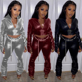 Leather cardigan zipper pleated casual sports suit YFS3595