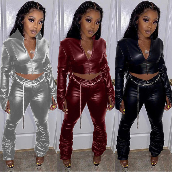 Leather cardigan zipper pleated casual sports suit YFS3595