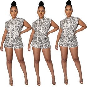 Leopard Print Hooded Shoulder Padded Vest Shorts Two-piece Fashion Casual Suit RM8919