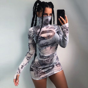 See-Through Mesh Printed High Collar Long Sleeves Mini Bodycon Dress  D1735278
