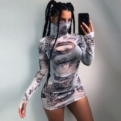See-Through Mesh Printed High Collar Long Sleeves Mini Bodycon Dress  D1735278