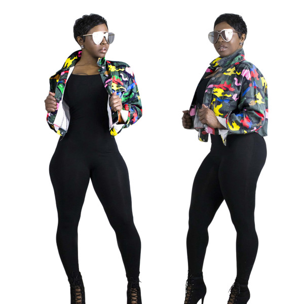 Fashion Camouflage Printed Turn-Down Collar Long Sleeves Short Denim Jacket  JLX6088