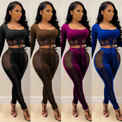 Sexy Mesh Stitching Strappy Deep Neck Long Sleeves Cropped Tops With Trousers Two Pieces Sets  C3998