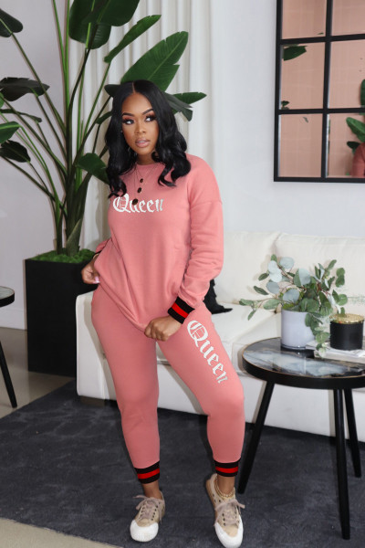Casual Letter Printed Round Neck Long Sleeves Top With Drawstring Trousers Two Pieces Sets TH3578