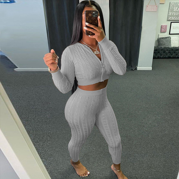 Winter Kintting Zipper Long Sleeves Hooded Cropped Top With Trousers Two Pieces Sets W20S09555