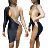 Sexy Contrast Stitching Round Neck Long Sleeves Zipper Mini Skinny Dress GL6318
