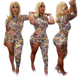 Nightclub wear asymmetrical poker print cutout zipper jumpsuit GL6362