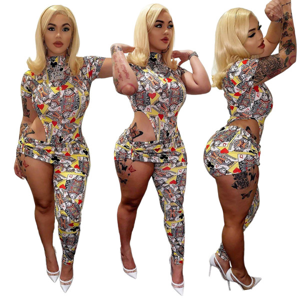 Nightclub wear asymmetrical poker print cutout zipper jumpsuit GL6362