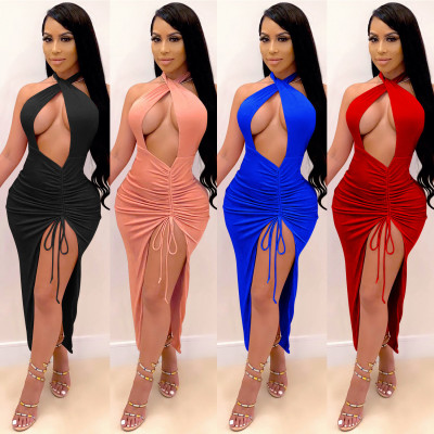 Sexy Hollow Out Sleeveless Backless Drawstring Midi Skinny Dress XZ3755