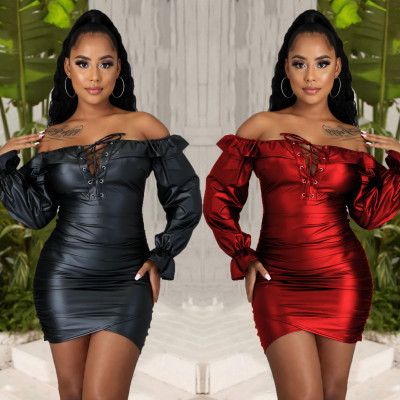 Sexy Leather Off Shoulder Flared Long Sleeves Stack Mini Skinny Dress JLX2003
