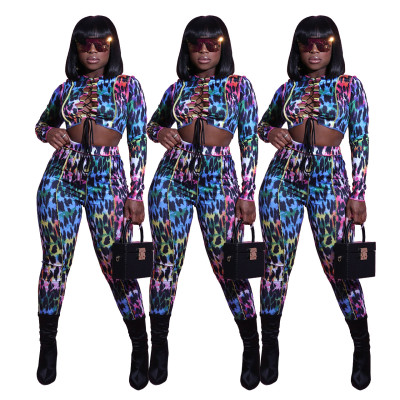 Fashion Leopard Printed Lace-Up Long Sleeves Cropped Top With Trousers Two Piece Sets Q728