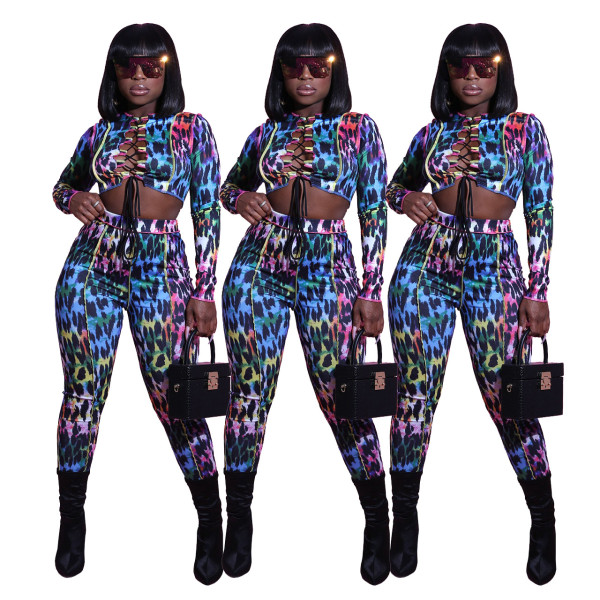 Fashion Leopard Printed Lace-Up Long Sleeves Cropped Top With Trousers Two Piece Sets Q728