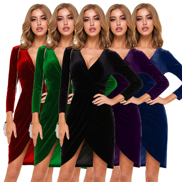 Fashion Velvet V-Neck Long Sleeves Mini Bodycon Dress SMR9979
