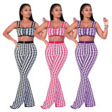 Fashion Plaid Suspenders Mini Top With High Waist Flared Pants Two Pieces Sets  F8326