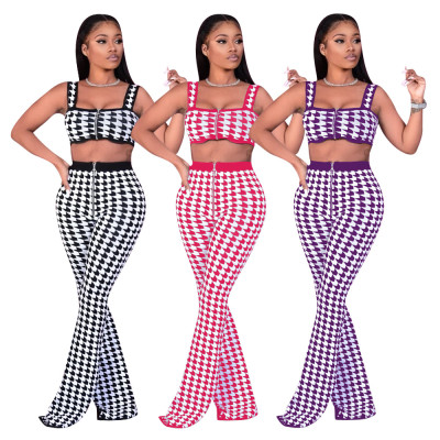 Fashion Plaid Suspenders Mini Top With High Waist Flared Pants Two Pieces Sets  F8326