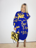 Casual Letter Printed Round Neck Long Sleeves Loose Midi Dress ALS136-2