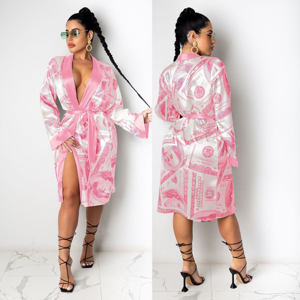 Sexy Printed Long Sleeves Lace-Up Cardigan Midi Jacket KA7139