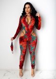 Sexy Printed Hollow Out Zipper V-Neck Long Sleeves Skinny Jumpsuit TH3572