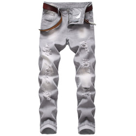 Mens ripped jeans gray slim straight Mens non-stretch trousers TX958
