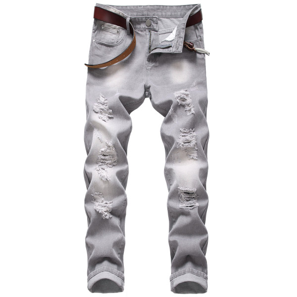 Mens ripped jeans gray slim straight Mens non-stretch trousers TX958