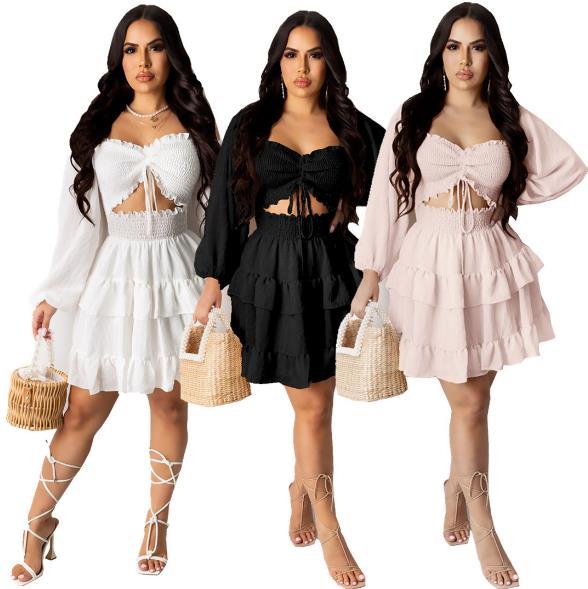 Temperament long sleeve solid color tube top puff sleeve dress QY5046