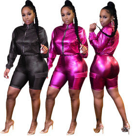 Fashion Leather Long Sleeves Zipper Mini Top With Shorts Two Piece Sets LM8208