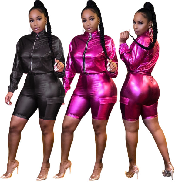 Fashion Leather Long Sleeves Zipper Mini Top With Shorts Two Piece Sets LM8208