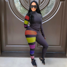Casual Printed High Collar Zipper Long Sleeves Top With Trousers Two Pieces Sets CY8068