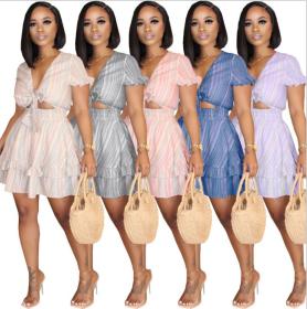 Sexy Striped V-Neck Short Sleeves Lace-Up Mini A-Line Dress OMY8065