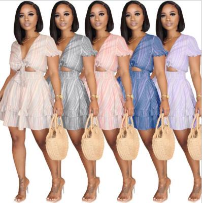 Sexy Striped V-Neck Short Sleeves Lace-Up Mini A-Line Dress OMY8065